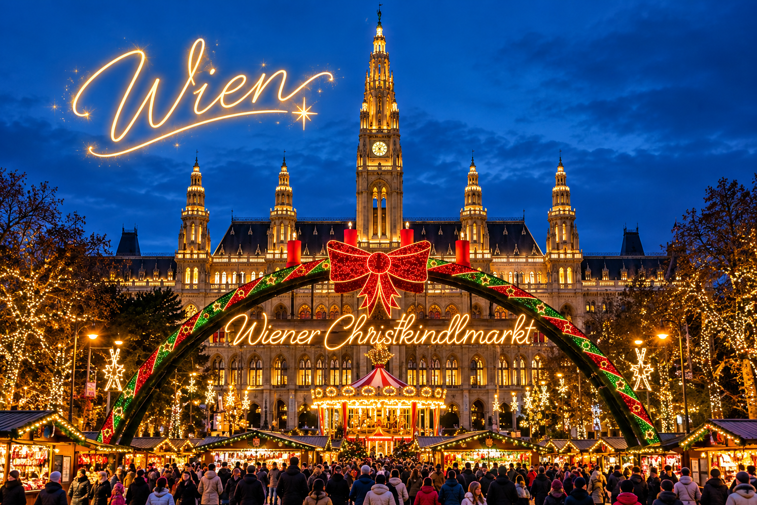 Viyana Rathaus Belediye Binası önündeki Noel pazarı ve ışıklandırmalar